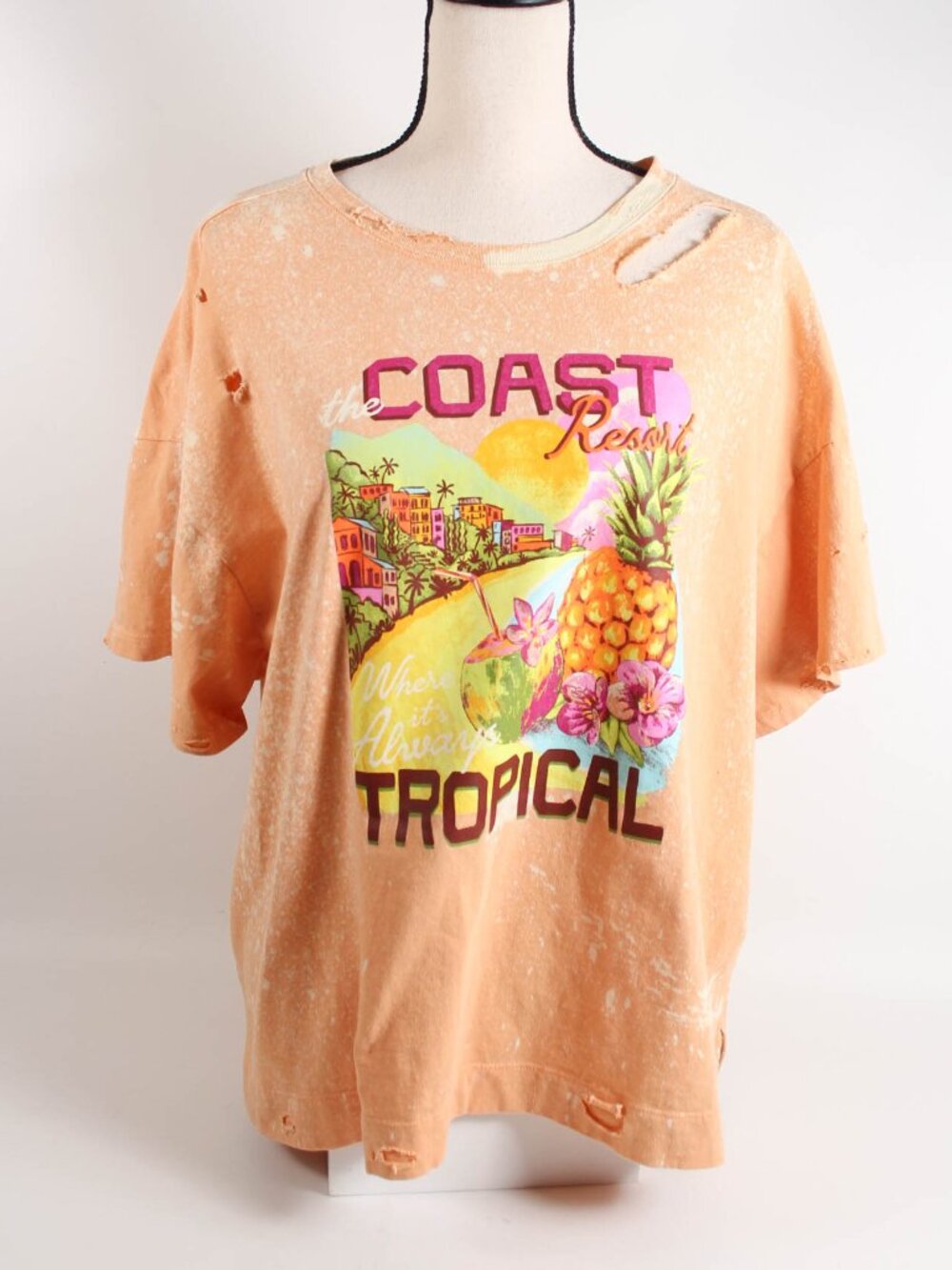 Old Navy XXL Vintage Tropical Graphic Tee Peach Bleached Distressed